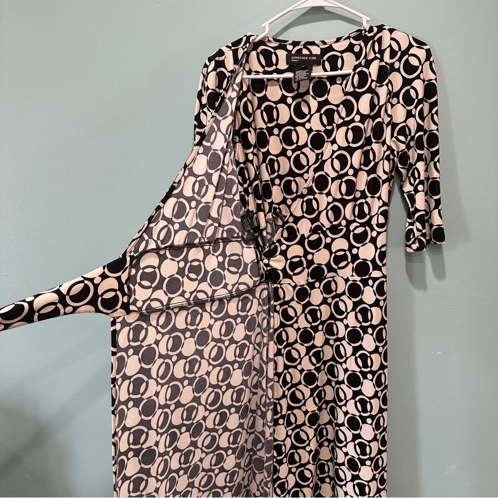 Jones New York Geometric Circle Wrap Dress Career Office Black White